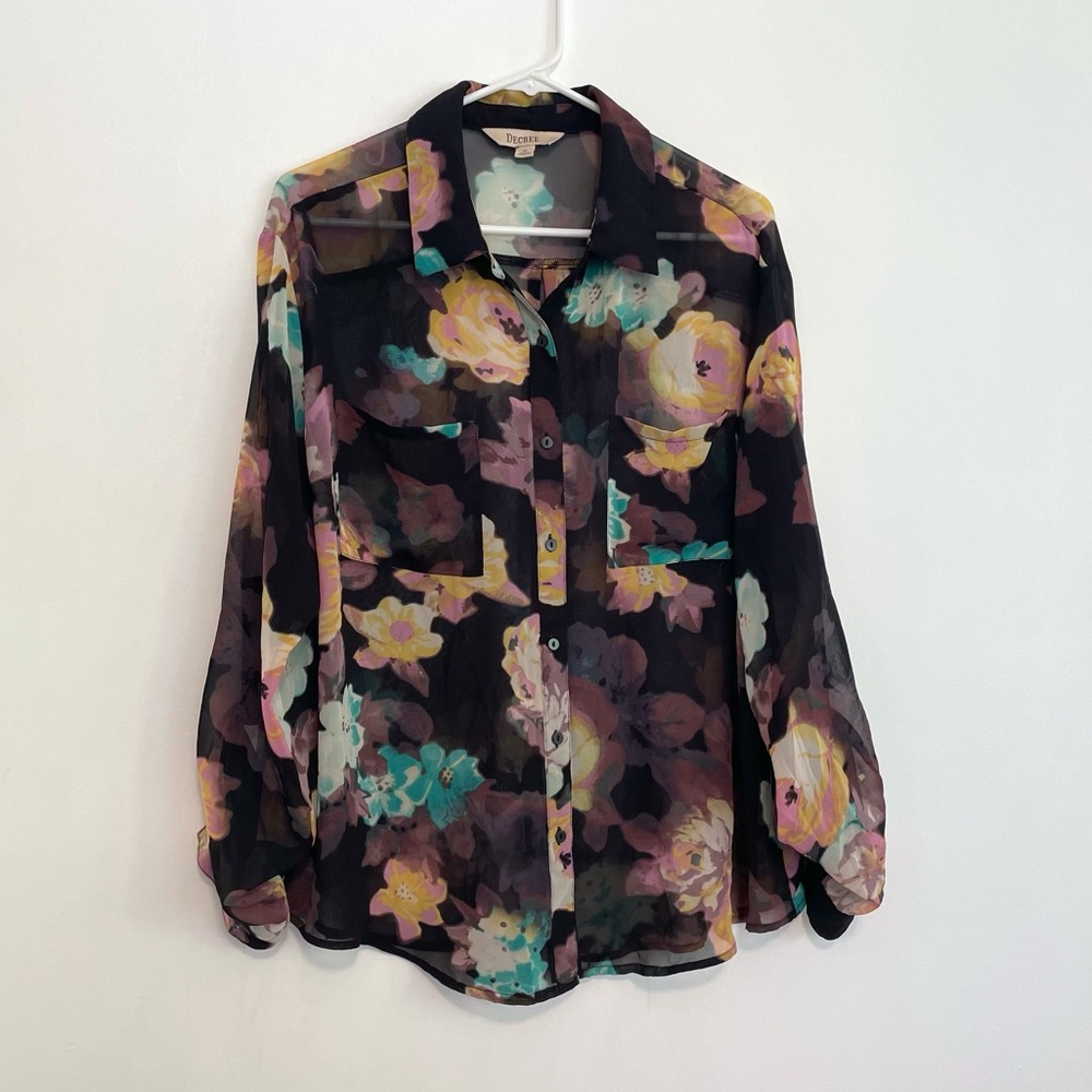 DECREE Black Purple Multi Floral Twee 2010s Long Sleeve Button Down Shirt JRS XL